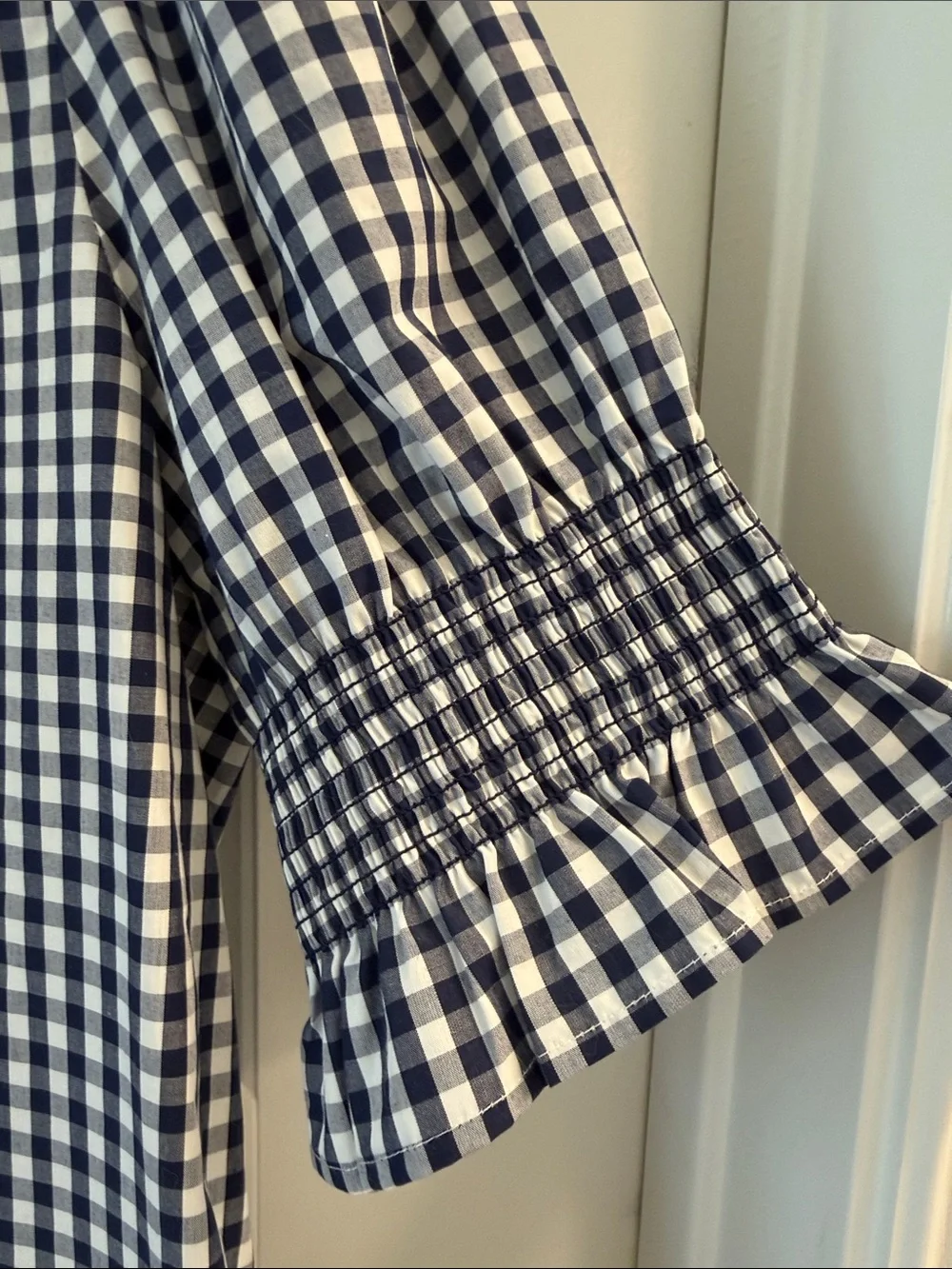 J Crew Women's Navy and White Gingham Ruffle Neck Top, S, never worn